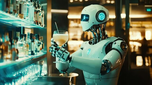 Robot bartender crafting cocktail behind bar