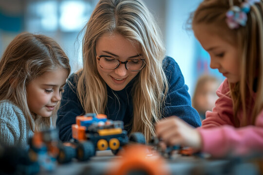 Elementary Students Engaged in Robotics Activity with Female Mentor


