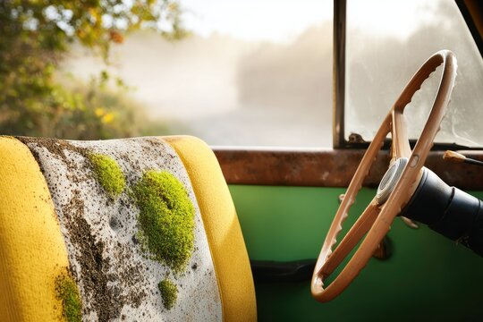 Fototapeta Overgrown Vintage Car Interior with Mossy Yellow Seat and Wooden Steering Wheel