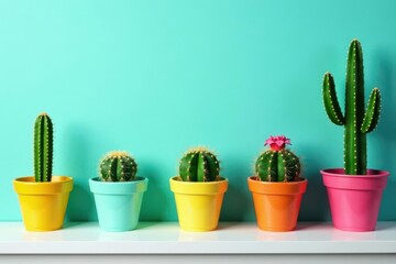 Variety of cacti in colorful pots on white shelf against turquoise wall , nature, arrangement