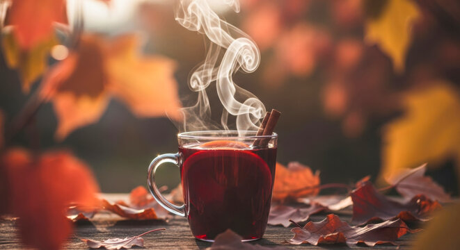 A steaming mug of mulled wine, garnished with a cinnamon stick and orange slice, sits amidst colorful autumn leaves, evoking cozy fall vibes. - Powered by Adobe