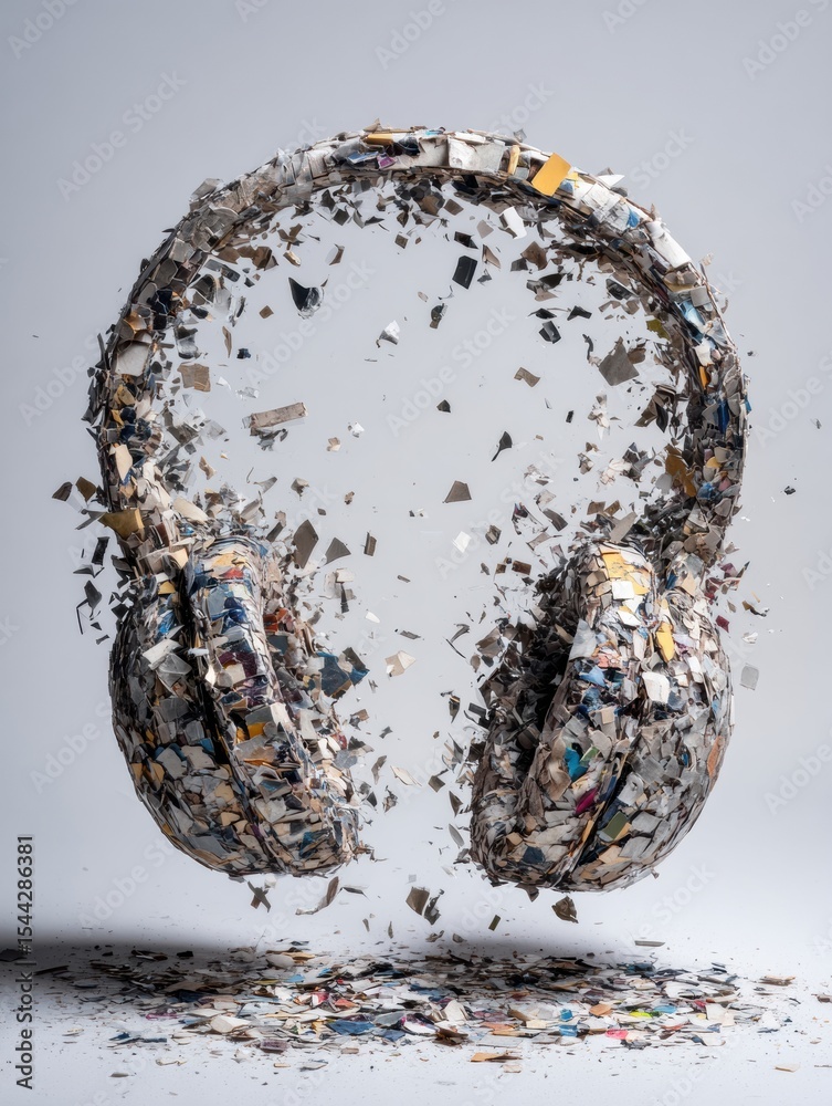 Aufkleber Symbol of Information Overload Depicted Through Broken Headset in a Minimalistic Setting With Clear Left Space for Emphasis