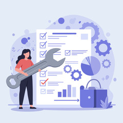 Woman holds wrench beside checklist gears pie chart bag and bar graph against lavender backdrop