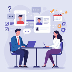 Two people sit at a table with laptops surrounded by icons related to project management and recruitment