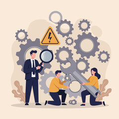 Three figures work with gears one holding a magnifying glass another a wrench and a hazard sign