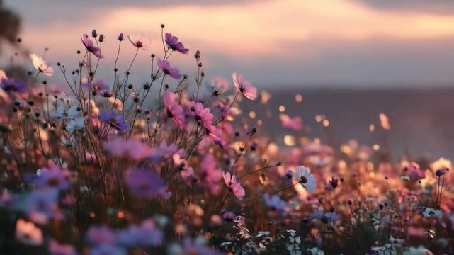 Sunset Cosmos Field Bloom.