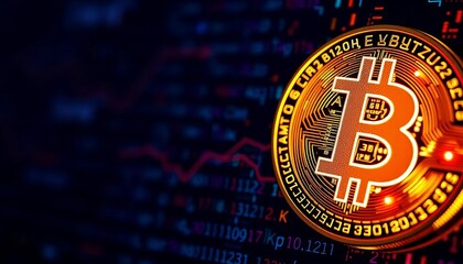 Close-up of a glowing bitcoin symbol on a dark digital background,  background,  security