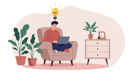 Person with laptop under bulb seated in chair next to table with plant and picture frame