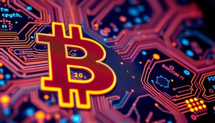Close-up of glowing bitcoin symbol on digital screen, circuit board background,  technology background, bitcoin