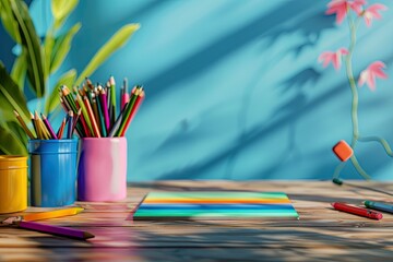 High Definition Visual of Colorful and Organized Wooden Desk