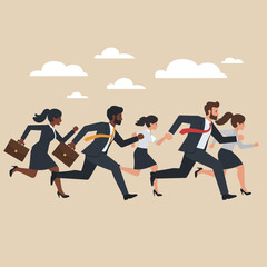 Diverse businesspeople energetically run with clouds floating above them