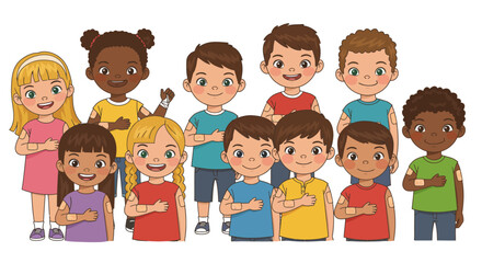 Children stand with bandages on their arms hands over their hearts