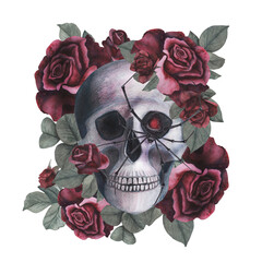 Scull with spider and roses gothic magical texture isolated on white background. Watercolor hand drawn esoterics skull illustration. Art for design mystical halloween witch decoration, scary card