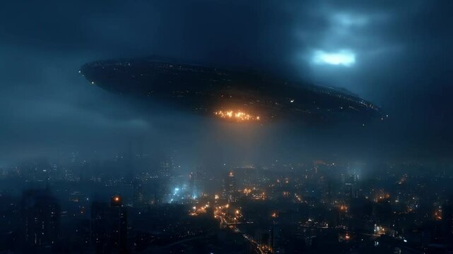 UFO over foggy city at night.