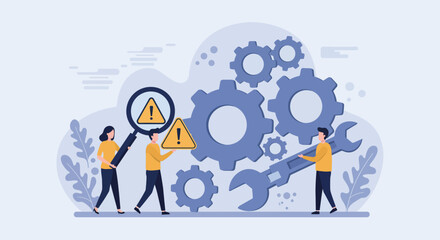 Team assessing gear system risks with magnifying glass and wrench