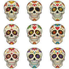 Nine decorated sugar skulls are arranged in a grid pattern
