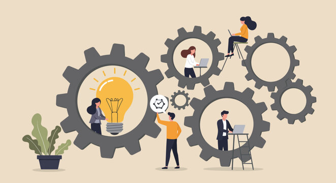 Illustrated people work in gears turning a lightbulb symbolizing collaborative innovation