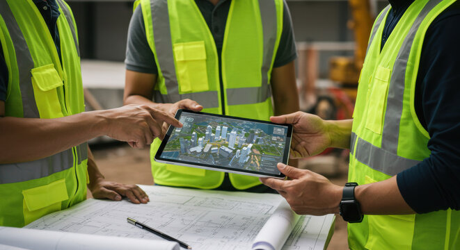 Workers collaborate on construction project plan