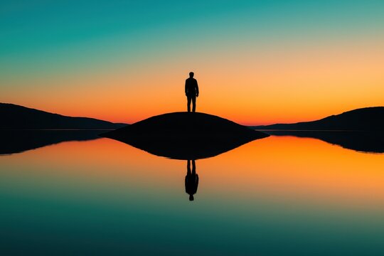 Man Standing on Island During Sunset