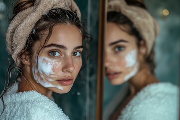 Facial skin care routine concept: A young woman washing her face with facial foam in front of the mirror, ensuring a fresh and clear complexion., Generative AI