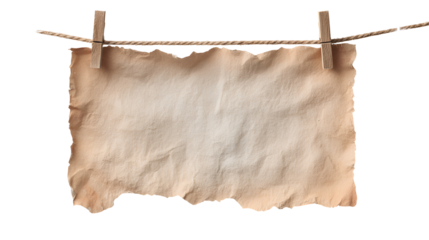 Old Paper Hanging on a Rope with Wooden Clothespins,