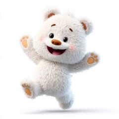 Cute fluffy bear character with happy expression jumping in the air, ideal for children's content and playful themes