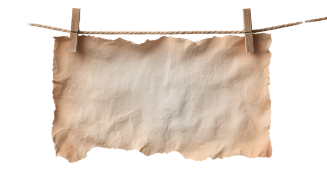 Old Paper Hanging on a Rope with Wooden Clothespins,