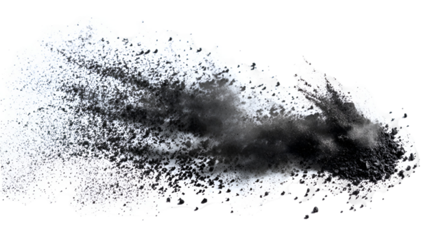 Black powder explosion on white background abstract art