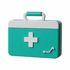 Obraz premium 3D cartoon turquoise first aid kit with white cross, isolated on white background.