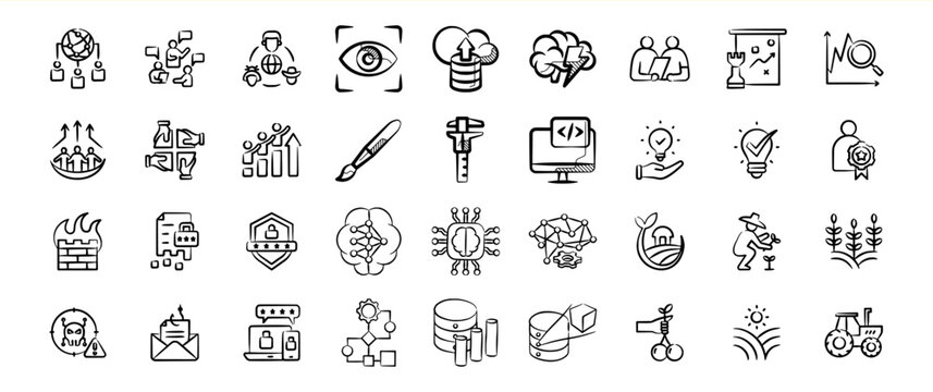 Bundle 88 Black and White Hand Drawn Business and Technology Icons