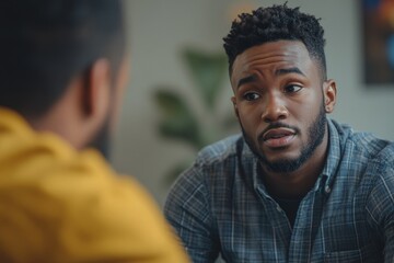 Man talking with a mentor psychologist during a therapy session for mental health and anxiety., Generative AI