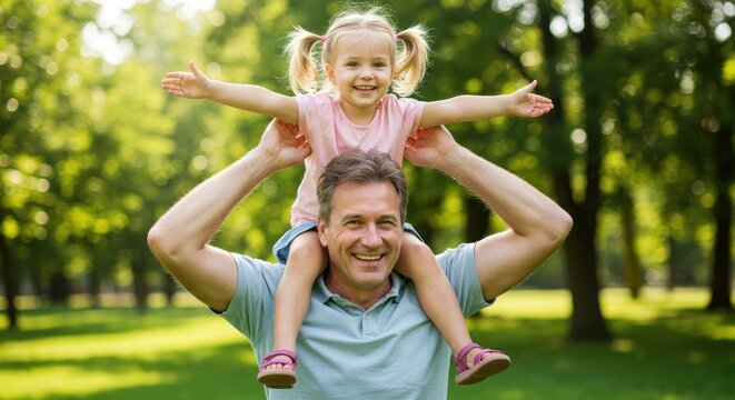 Dad carries daughter on shoulders smiling