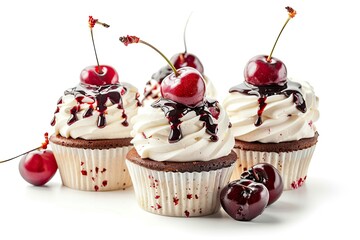Vibrant Image of Sweet Cakes with Cherry Food Isolated on White