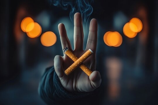 Person making the rejection hand sign to quit smoking for better health motivation., Generative AI