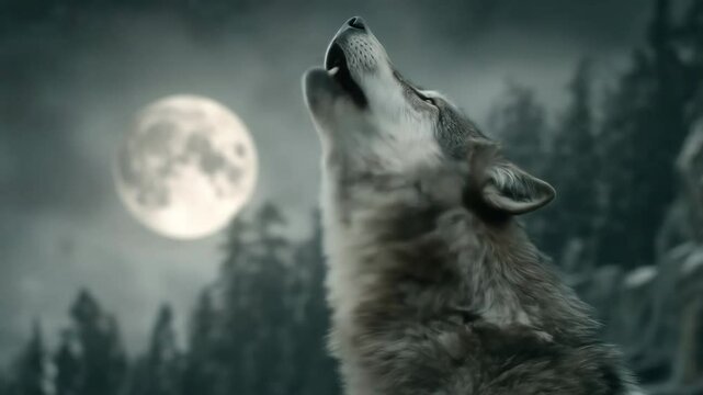 Wolf howling at night moon.