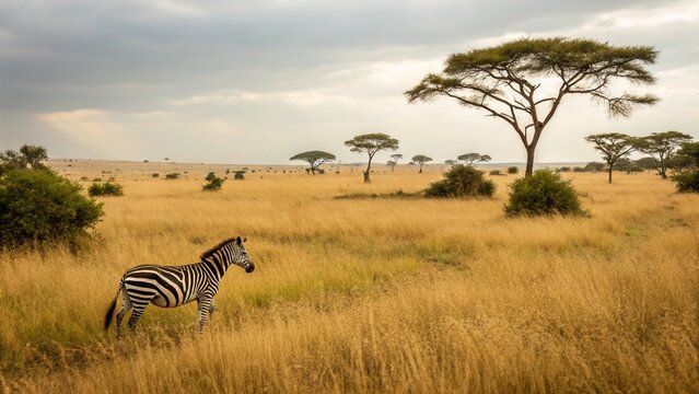 Striped zebras stand wild in the savannas of Kenya and Tanzania's Serengeti, a true African safari animal - Powered by Adobe