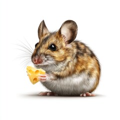 Cute small mouse holding a piece of cheese with fluffy fur and adorable features, perfect for animal lovers and wildlife enthusiasts