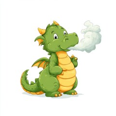 Fototapeta premium Cheerful cartoon dragon character with green scales, orange belly, and smoke coming from its mouth in playful and whimsical style