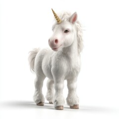 Obraz premium Magical white unicorn with golden horn standing on white background, showcasing beauty and grace in enchanting setting