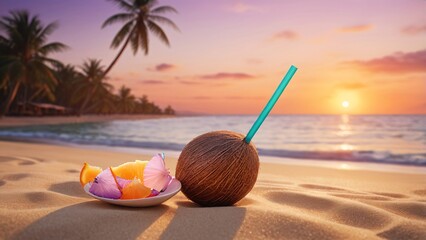Tropical Sunset Beach Scene with Coconut Drink and Fruit Slices Idyllic Vacation Getaway