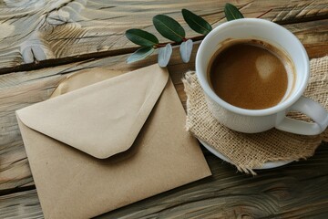 High Detail Image of Stationery Concept with Envelope Mockup and Coffee