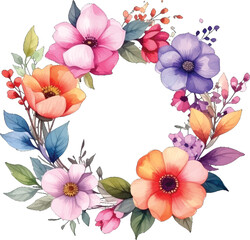 Obraz premium Elegant botanical round wreath illustration. Watercolor flower frame for invitations. Spring watercolor wreath with wildflowers. Floral wreath with vibrant pastel colors