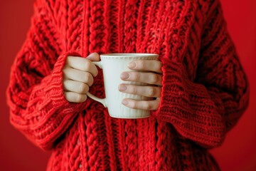 Premium Quality Image of Womens Red Sweater Holding Coffee MugDrink, Fashion, Morning