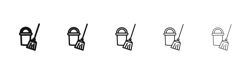Fototapeta premium besom with stick and pail icon black and white vector sign