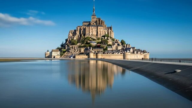 Mont Saint-Michel Abbey Reflection in Calm Waters - The iconic Mont Saint-Michel abbey in Normandy, France, is perfectly reflected in the still waters of the bay.