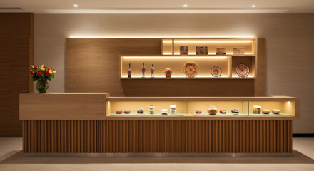 Modern Hotel Reception Desk Design Warm Wood and Ambient Lighting