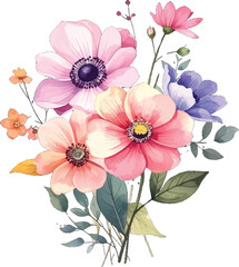 Watercolor floral bouquet with pastel tones. Hand-painted flower bunch illustration. Romantic watercolor flower bouquet art. Colorful botanical watercolor bouquet