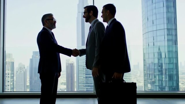 Successful business people shaking hands in office with city view deal done
