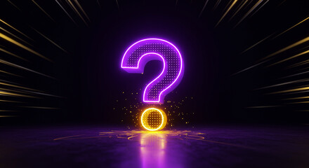 A futuristic 3D symbol: glowing purple question mark with yellow neon base, light energy bursts, and dark themed background representing complex inquiry
