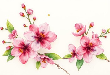 Obraz premium Delicate watercolor spring blossoms on elegant cream paper, gold foil accents, spring wedding, cream